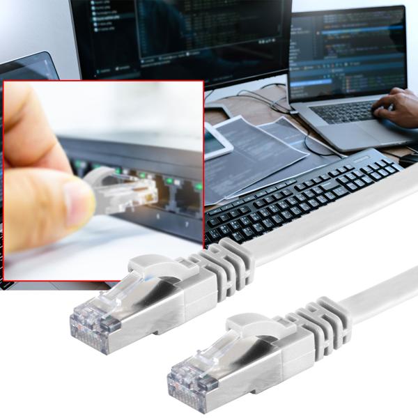 Netzwerkkabel Cat 7 Flachkabel - 2x RJ45 Stecker, weiss, 10m für schnelle Übertragung - 10Gbit/s - Vergoldete Kontakte - U/FTP