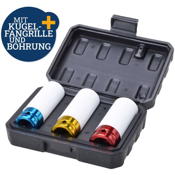 Steckschlüssel-Set 3tlg - 17/19/21mm Radmuttern farbcodiert - schützt Felgen vor Kratzern - Hand- & Schlagschrauberbetrieb - Chrom-Vanadium-Stahl - 1/2 Zoll
