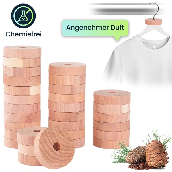 Premium Zedernholz Mottenringe 30er-Set: Natürlicher Mottenschutz für Kleiderschrank & Garderobe, Passend für alle Kleiderbügel