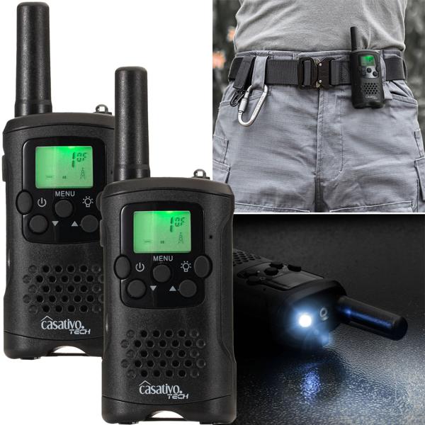 4er-Set Profi Akku-PMR-Funkgerät, Gürtelclip & Taschenlampe, Walkie Talkie mit 10km Reichweite, 8 Kanäle, Ladestation, 8 Stunden Sprechzeit