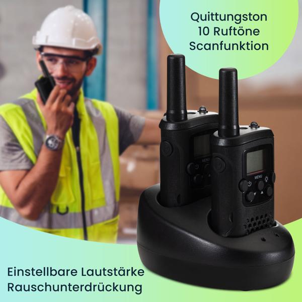 4er-Set Profi Akku-PMR-Funkgerät, Gürtelclip & Taschenlampe, Walkie Talkie mit 10km Reichweite, 8 Kanäle, Ladestation, 8 Stunden Sprechzeit