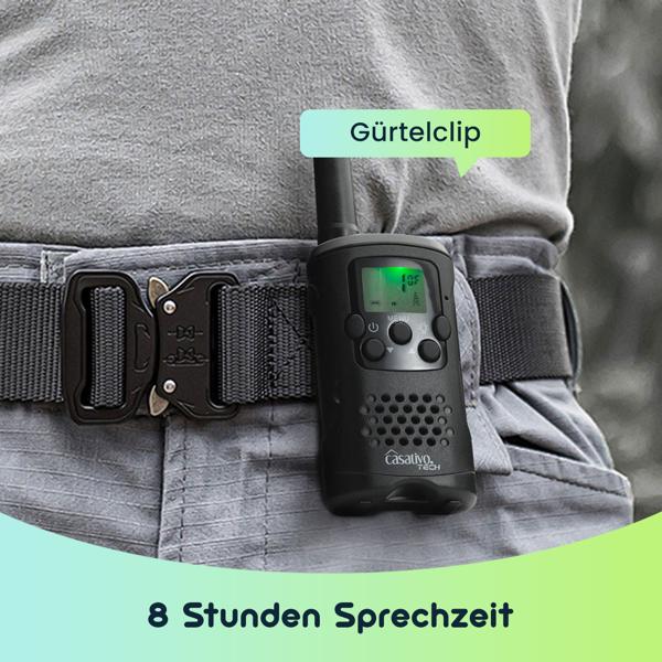 4er-Set Profi Akku-PMR-Funkgerät, Gürtelclip & Taschenlampe, Walkie Talkie mit 10km Reichweite, 8 Kanäle, Ladestation, 8 Stunden Sprechzeit