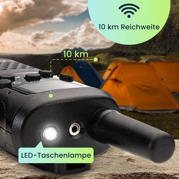 4er-Set Profi Akku-PMR-Funkgerät, Gürtelclip & Taschenlampe, Walkie Talkie mit 10km Reichweite, 8 Kanäle, Ladestation, 8 Stunden Sprechzeit