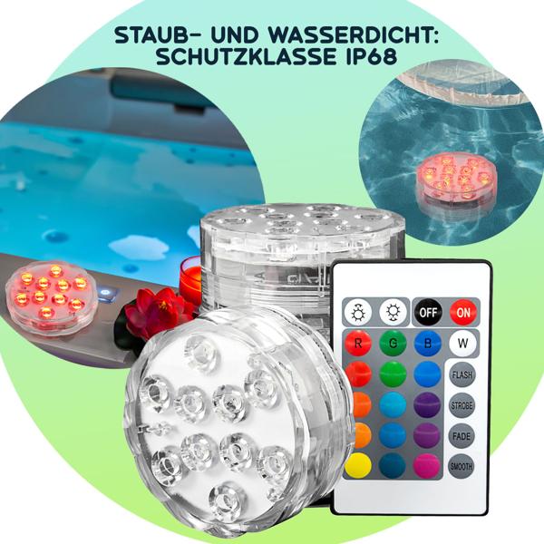 8er-Set Multicolor-LED-Unterwasserleuchten: 15 Farben, Fernbedienung, IP68 - für beeindruckende Lichteffekte unter Wasser