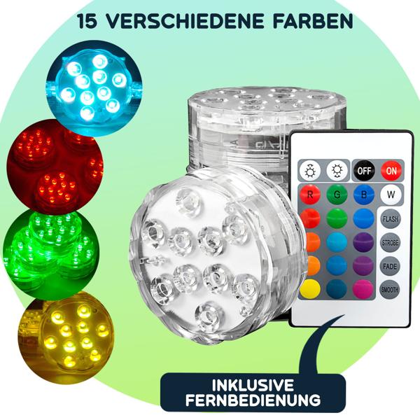 8er-Set Multicolor-LED-Unterwasserleuchten: 15 Farben, Fernbedienung, IP68 - für beeindruckende Lichteffekte unter Wasser