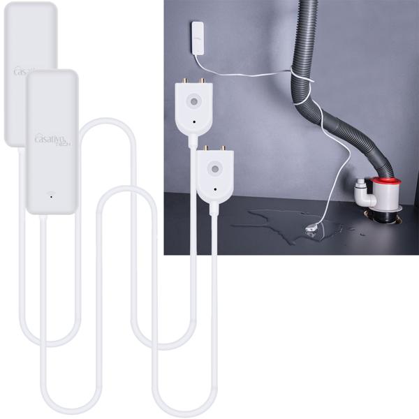 2er-Set WLAN-Wassermelder mit externem Sensor, weiss, Wassersensor für Tuya oder SmartLife App, weltweite Benachrichtigung, Alarmfunktion