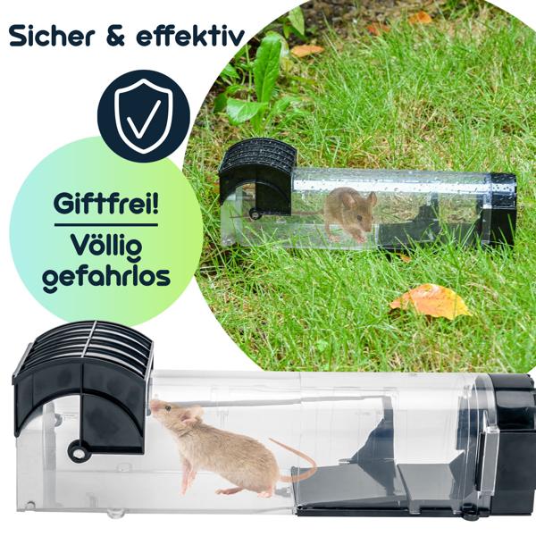 2er-Set Tierfreundliche Lebendfalle für Mäuse: Wiederverwendbare, transparente Mausefalle (31,5x7,5x8cm) für humanen Fang – Sicher & effektiv