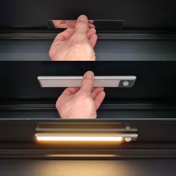 2er-Set vielseitig einsetzbare Akku LED-Lichtleiste mit Bewegungssensor, 20,5 cm, Aluminium, Magnetstreifen und Klebeband, 1100 mAh Akku