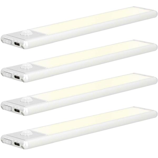 4er-Set praktische Akku LED-Lichtleiste mit Bewegungssensor, 20,5 cm, Aluminium, Magnetstreifen und Klebeband, 1100 mAh Akku