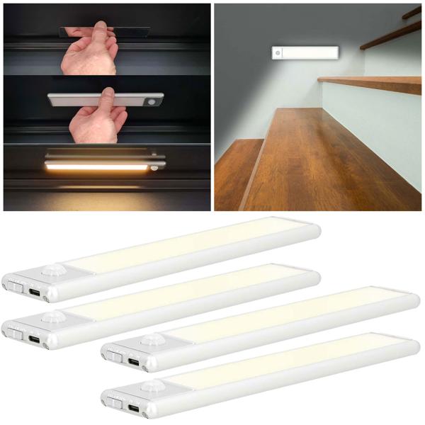4er-Set praktische Akku LED-Lichtleiste mit Bewegungssensor, 20,5 cm, Aluminium, Magnetstreifen und Klebeband, 1100 mAh Akku