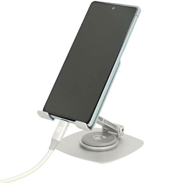 2er-Set Universal Smartphone Halterung aus Aluminium - 360° schwenkbar, faltbar & robust - Sicherer Halt, Anti-Rutsch, lädt Handy - Silber