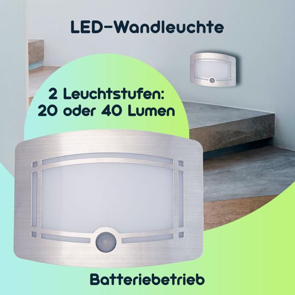 2er-Set Helle Batterie-LED-Wandleuchte, Aluminium und Kunststoff, 2 Leuchtstufen 20-40 Lumen, PIR-Bewegungs- & Lichtsensor