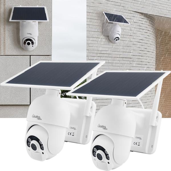 2er-Set Smarte Überwachungskamera, Solar / kabellos, Pan-Tilt, FullHD, Solar Panel, PIR Sensor, Aussen, Nachtsicht, 2-Wege-Audio/ Video, IP66, weiss