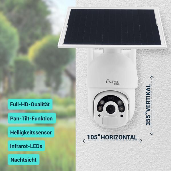 2er-Set Smarte Überwachungskamera, Solar / kabellos, Pan-Tilt, FullHD, Solar Panel, PIR Sensor, Aussen, Nachtsicht, 2-Wege-Audio/ Video, IP66, weiss