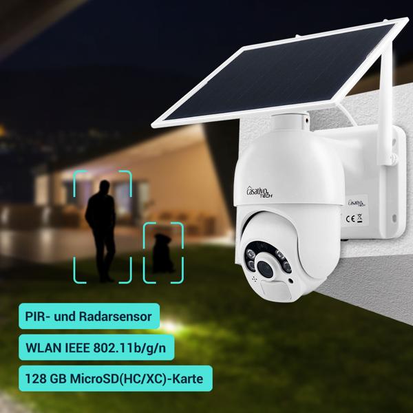 2er-Set Smarte Überwachungskamera, Solar / kabellos, Pan-Tilt, FullHD, Solar Panel, PIR Sensor, Aussen, Nachtsicht, 2-Wege-Audio/ Video, IP66, weiss