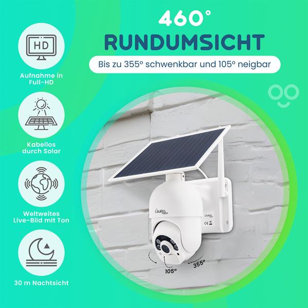 2er-Set Smarte Überwachungskamera, Solar / kabellos, Pan-Tilt, FullHD, Solar Panel, PIR Sensor, Aussen, Nachtsicht, 2-Wege-Audio/ Video, IP66, weiss