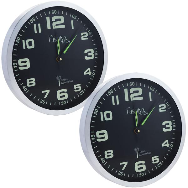 2er-Set Leise Funk-Wanduhr, Aluminium, Ø 30 cm, nachleuchtende Anzeige, silber-schwarz. Präzises Quarz-Uhrwerk, elegante Wanddekoration