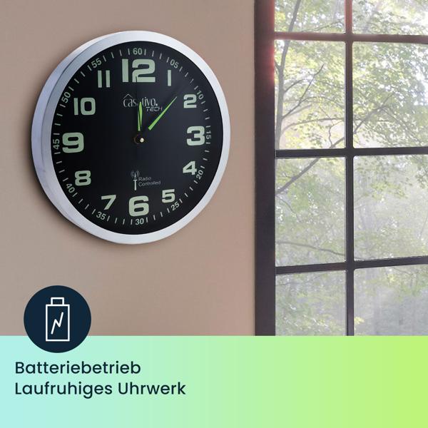 2er-Set Leise Funk-Wanduhr, Aluminium, Ø 30 cm, nachleuchtende Anzeige, silber-schwarz. Präzises Quarz-Uhrwerk, elegante Wanddekoration