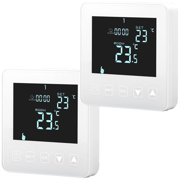 2er-Set Wandthermostat für Fussbodenheizung - Programmierbar mit Touch-Tasten, LCD-Display & Urlaubsmodus - Frostschutz - 2 Sensoren - 230V