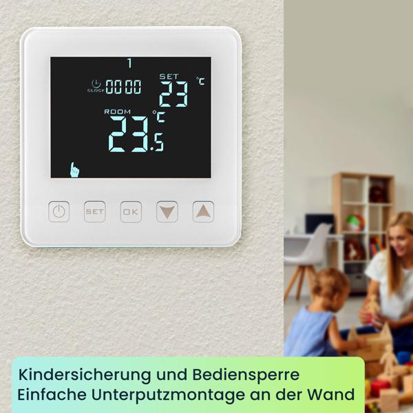 2er-Set Wandthermostat für Fussbodenheizung - Programmierbar mit Touch-Tasten, LCD-Display & Urlaubsmodus - Frostschutz - 2 Sensoren - 230V