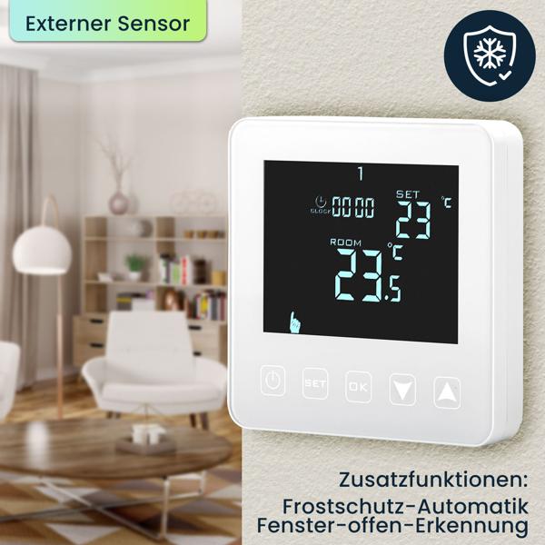 2er-Set Wandthermostat für Fussbodenheizung - Programmierbar mit Touch-Tasten, LCD-Display & Urlaubsmodus - Frostschutz - 2 Sensoren - 230V