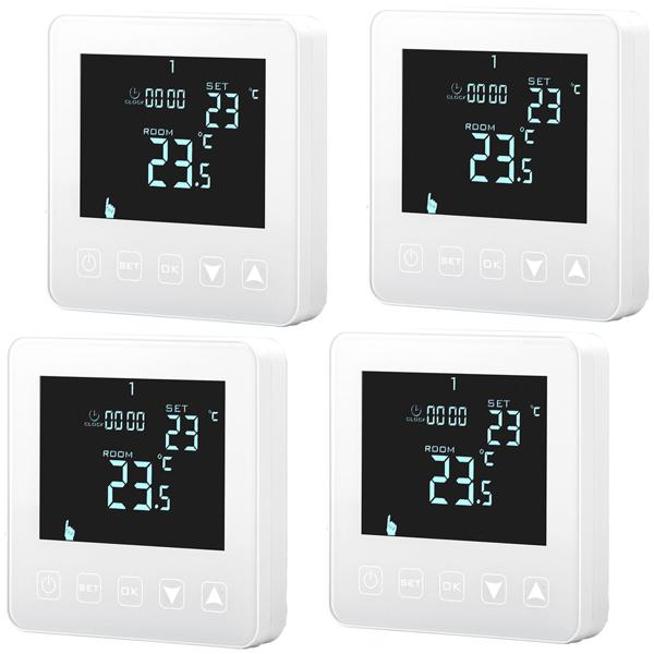 4er-Set Wandthermostat für Fussbodenheizung - Programmierbar mit Touch-Tasten, LCD-Display & Urlaubsmodus - Frostschutz-Automatik, 230V