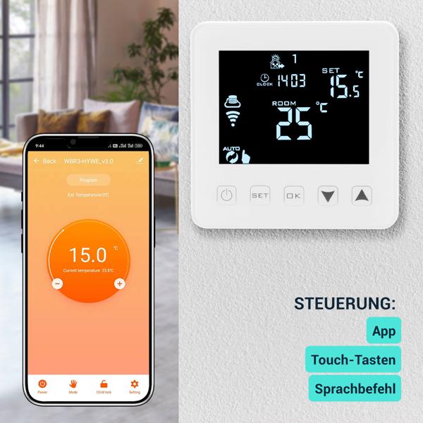 2er-Set WLAN-Thermostat für Fussbodenheizung - App-Steuerung, Siri, Alexa, GA - Frostschutz, 2 Sensoren, LCD-Display, 5-35°C, 230V, Unterputz