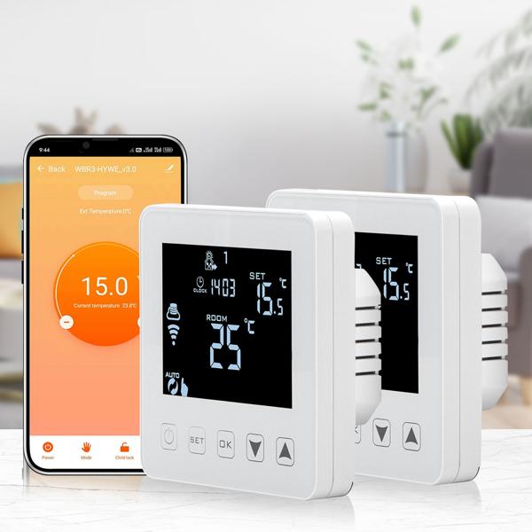 2er-Set WLAN-Thermostat für Fussbodenheizung - App-Steuerung, Siri, Alexa, GA - Frostschutz, 2 Sensoren, LCD-Display, 5-35°C, 230V, Unterputz