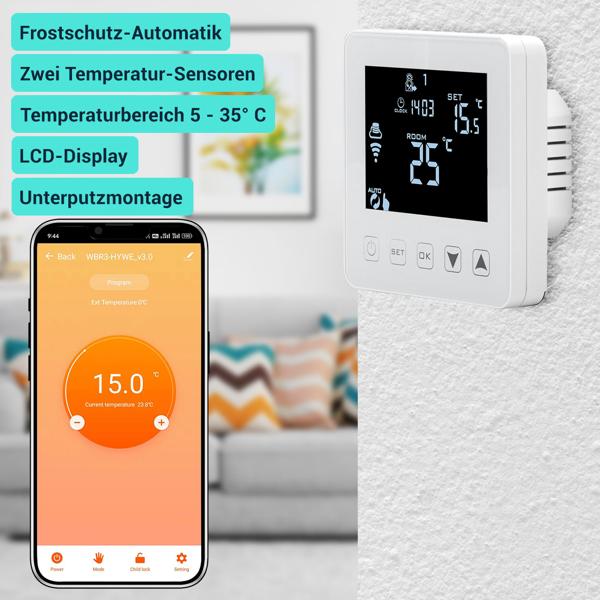 4er-Set WLAN-Thermostat für Fussbodenheizung - App-Steuerung, Alexa, Siri, GA & programmierbar - 0,5 °C Genauigkeit, 230V, Unterputz