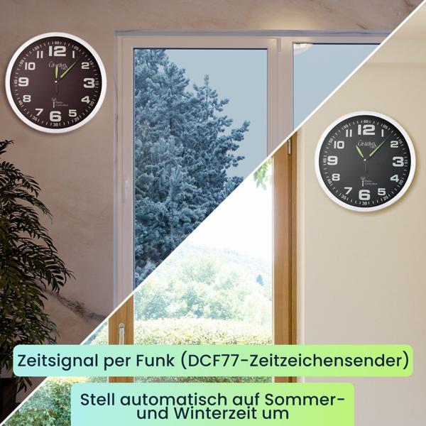 Moderne Funk Wanduhr, 30 cm, Aluminium, Quarz-Uhrwerk, leise, nachleuchtend, silber-schwarz -Präzise Zeit, stilvolle Wanduhr für Büro & Heim