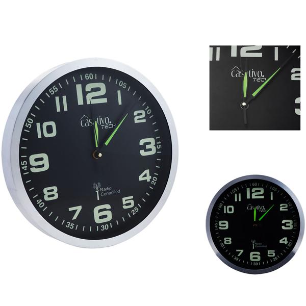 2er-Set Leise Funk-Wanduhr, Aluminium, Ø 30 cm, nachleuchtende Anzeige, silber-schwarz. Präzises Quarz-Uhrwerk, elegante Wanddekoration