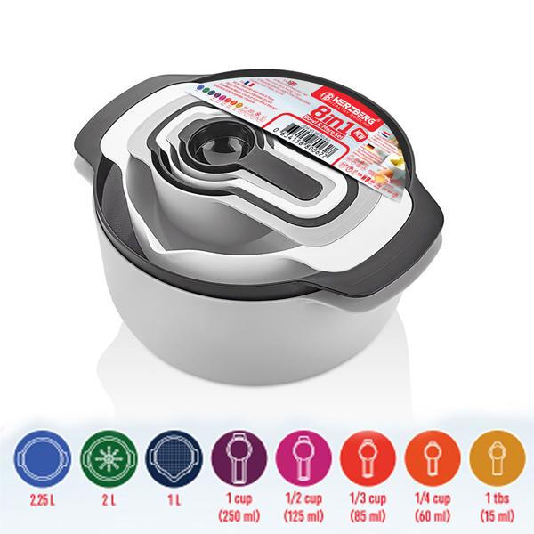 8-in-1 Schüssel-Set mit Messbechern & Löffeln - Platzsparendes Design zum Stapeln - BPA-frei & zertifiziert - Spülmaschinen- & mikrowellenfest
