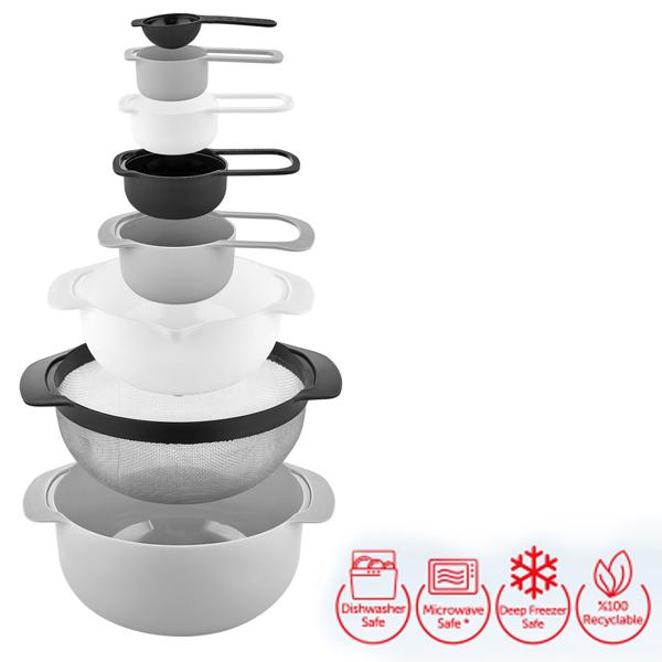 8-in-1 Schüssel-Set mit Messbechern & Löffeln - Platzsparendes Design zum Stapeln - BPA-frei & zertifiziert - Spülmaschinen- & mikrowellenfest