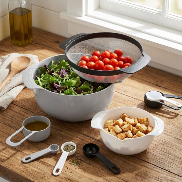 8-in-1 Schüssel-Set mit Messbechern & Löffeln - Platzsparendes Design zum Stapeln - BPA-frei & zertifiziert - Spülmaschinen- & mikrowellenfest