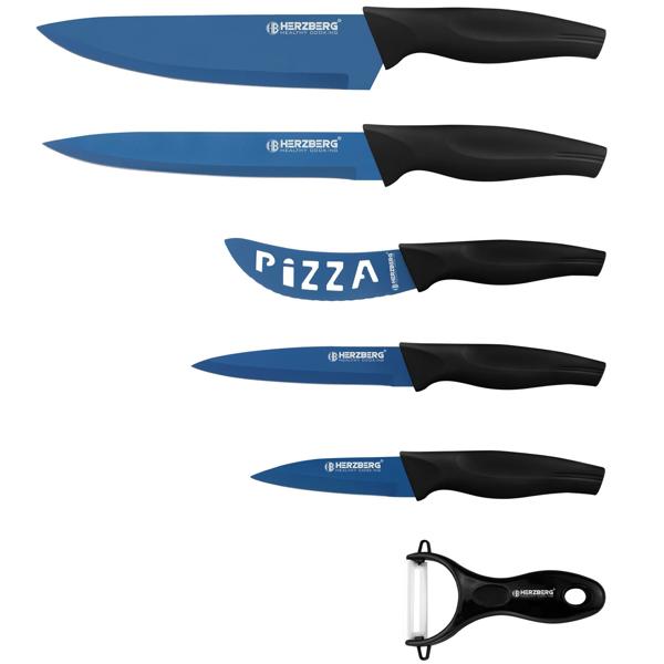 Edles Messer-Set 6-tlg. mit Keramikschäler - ultrascharfe Edelstahlklingen - Antihaft-Marmorbeschichtung blau - korrosions-, kratz- & rostfrei - PP-Griffe