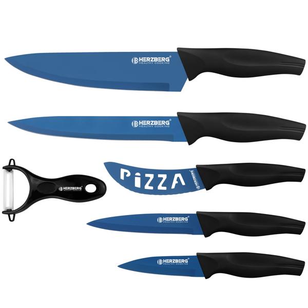 Edles Messer-Set 6-tlg. mit Keramikschäler - ultrascharfe Edelstahlklingen - Antihaft-Marmorbeschichtung blau - korrosions-, kratz- & rostfrei - PP-Griffe