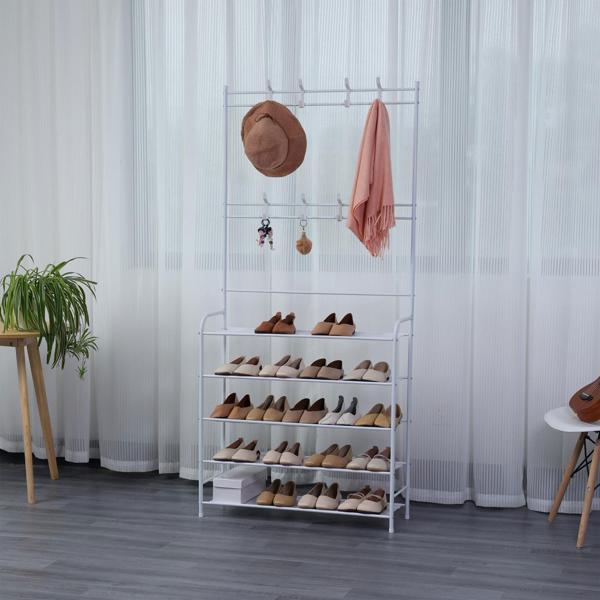 Garderobenständer mit Schuhregal, weiss, 170x80cm – 2-in-1 Lösung, platzsparende Garderobe mit Schuhablage, funktional