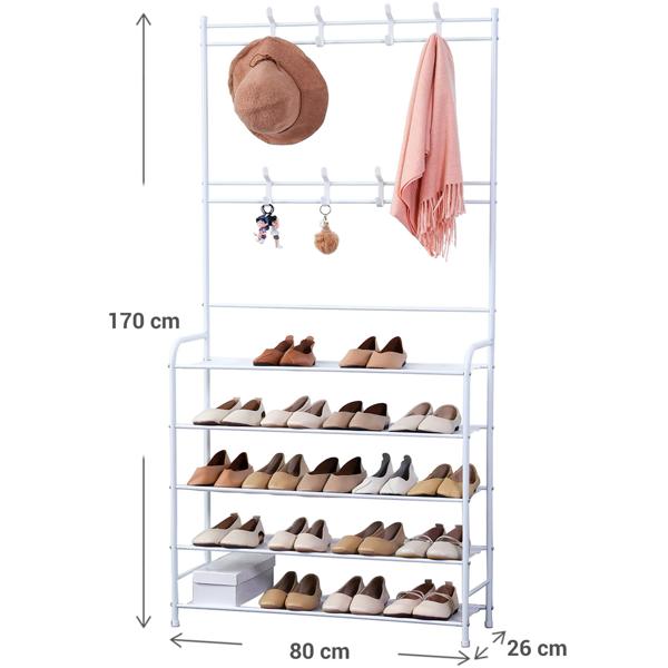 Garderobenständer mit Schuhregal, weiss, 170x80cm – 2-in-1 Lösung, platzsparende Garderobe mit Schuhablage, funktional