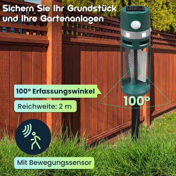 3er-Set Solar Tiervertreiber mit Erdspiess und Bewegungssensor, Ultraschall und Lichtblitz