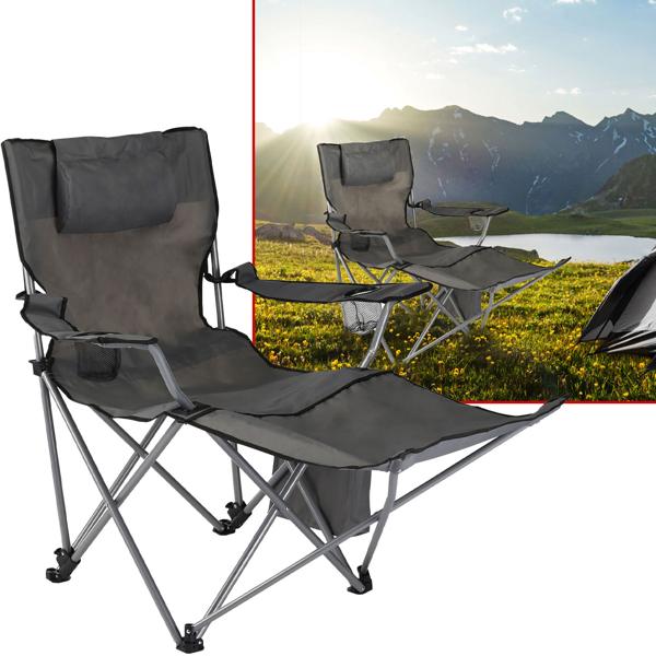 Luxus Campingstuhl (anthrazit) - Kopf- & Fussstütze, Kühl- & Aufbewahrungstasche - Maximaler Komfort für Camping & Garten
