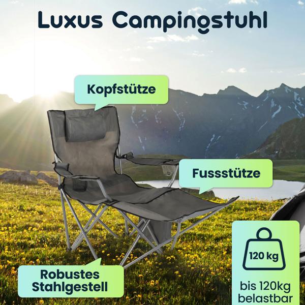 Luxus Campingstuhl (anthrazit) - Kopf- & Fussstütze, Kühl- & Aufbewahrungstasche - Maximaler Komfort für Camping & Garten