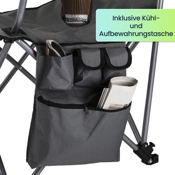 Luxus Campingstuhl (anthrazit) - Kopf- & Fussstütze, Kühl- & Aufbewahrungstasche - Maximaler Komfort für Camping & Garten