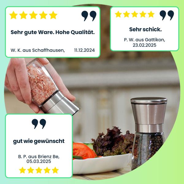 Salz-/Pfeffermühle: Glas & Edelstahl, Keramik-Mahlwerk - 160ml, Ø 13,2cm - Mahlgrad stufenlos einstellbar - für maximales Aroma