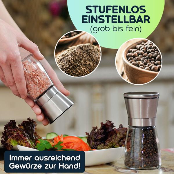 Salz-/Pfeffermühle: Glas & Edelstahl, Keramik-Mahlwerk - 160ml, Ø 13,2cm - Mahlgrad stufenlos einstellbar - für maximales Aroma