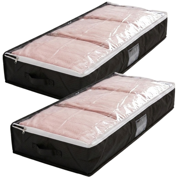 2er-Set Unterbettkommode mit Sichtfenster & Handgriff – extra Stauraum für Bettwäsche & Kleidung – 100x45x16cm schwarz – Schutz vor Motten & Staub