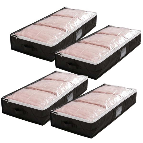 4er-Set Unterbettkommode mit Sichtfenster & Handgriff – extra Stauraum für Bettwäsche & Kleidung – 100x45x16cm schwarz – Schutz vor Motten & Staub