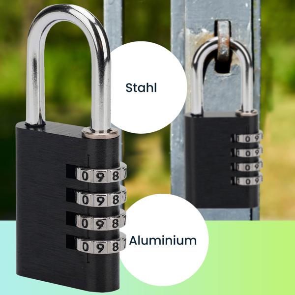 2er Spar Set Zahlenschloss - Vorhängeschloss aus Aluminium, Bügel aus Stahl, 4-stellig, schwarz, robust und sicher, ideal für Koffer, Spind, Keller, Schuppen, Schule