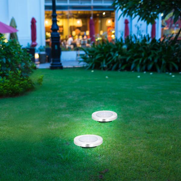 Solar Bodenleuchte Edelstahl mit Erdspiess - Ø 12x12 cm - LED-Lampe für Gartenwege Terrasse - Automatisch Ein/Aus Sensor - 8h Leuchtdauer
