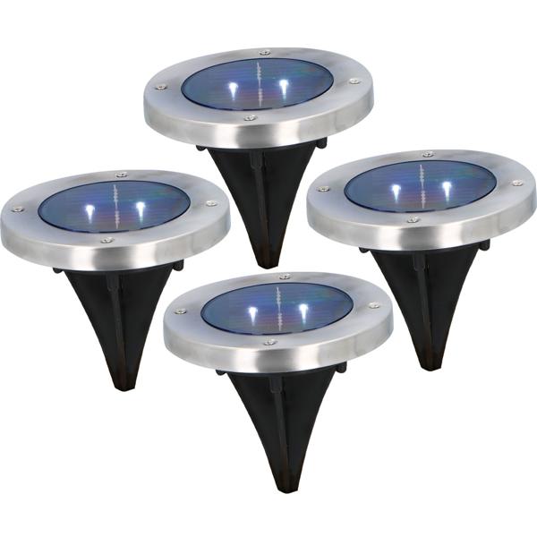 4er-Set Solar Bodenleuchte Edelstahl mit Erdspiess - Stilvolle Gartenbeleuchtung blendfrei - 2 SMD LEDs, 8h Leuchtdauer, Ø 12x12 cm