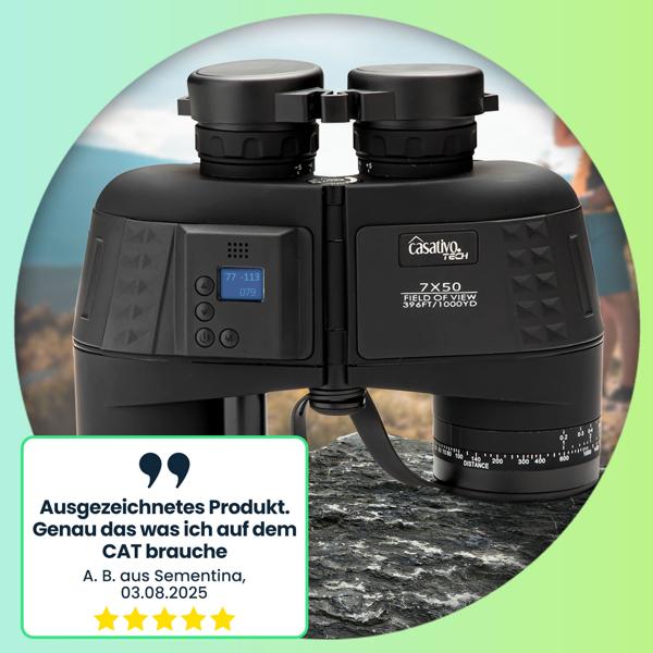 Premium Marine-Fernglas m. OLED-Display, wasserdicht IPX 7, 131 m Sehfeld, Entfernungs- und Grössenberechnung, 360°-Digitalkompass